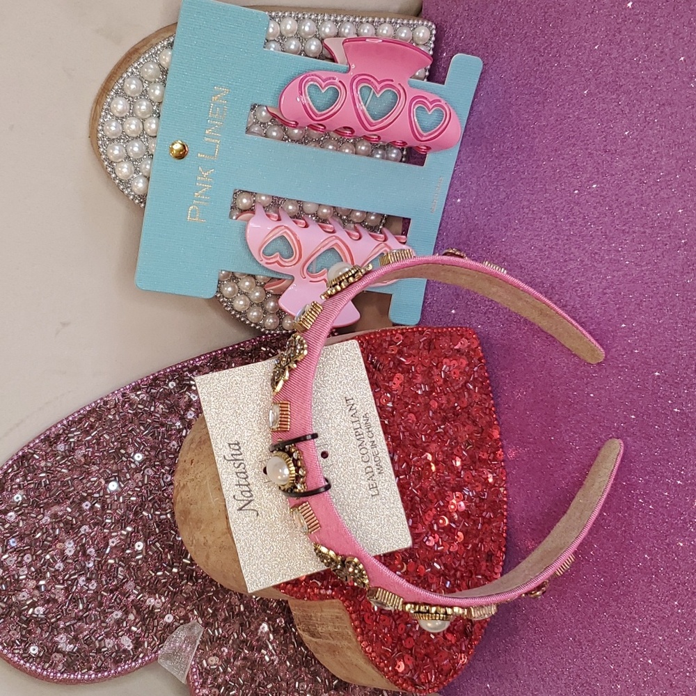 💖NWT💖 Natasha Headband & Pink Linen Heart Hair clips!💖💖💖